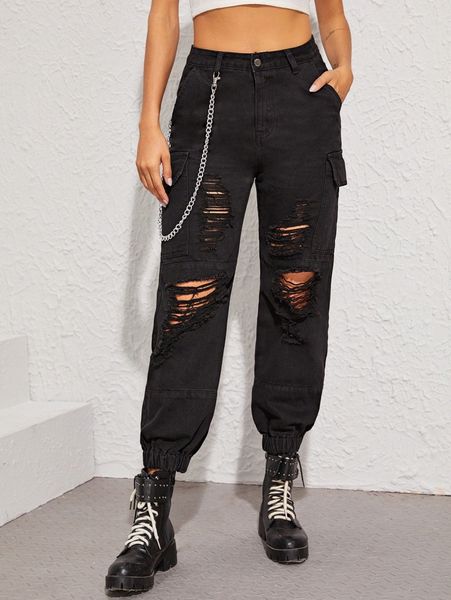 high waisted flap pocket cargo jeans with chain u5n5#, Blue 
high waisted flap pocket cargo jeans with chain u5n5#, Blue