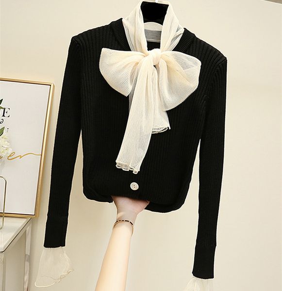 lace mesh patchwork knitted women sweaters autumn fake two piece ladies pullovers bow full sleeve sweater 201130, White;black
lace mesh patchwork knitted women sweaters autumn fake two piece ladies pullovers bow full sleeve sweater 201130, White;black