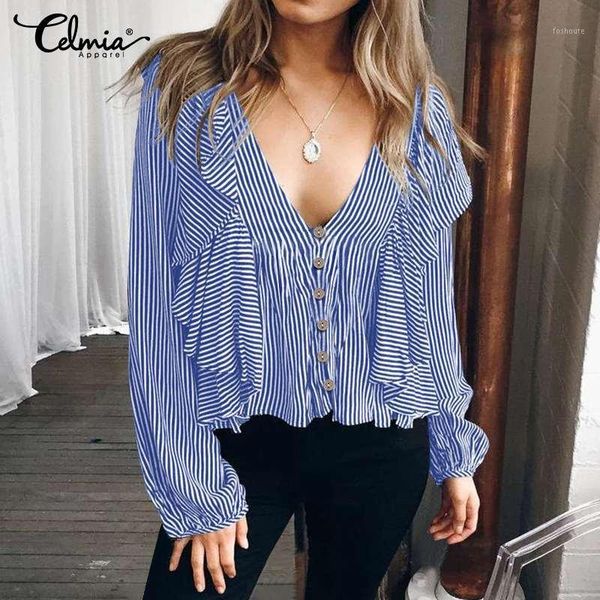 celmia women and blouse female v-neck vintage striped shirt long sleeve casual loose buttons ruffles blusas mujer oversized1, White 
celmia women and blouse female v-neck vintage striped shirt long sleeve casual loose buttons ruffles blusas mujer oversized1, White