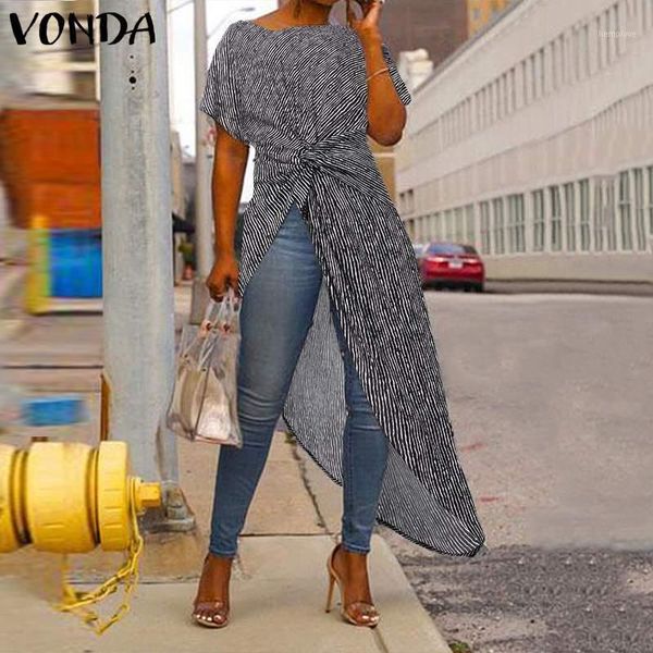 asymmetrical women's blouse summer 2020 vonda split stripe printed short sleeve shirts bohemian blusas oversized1, White