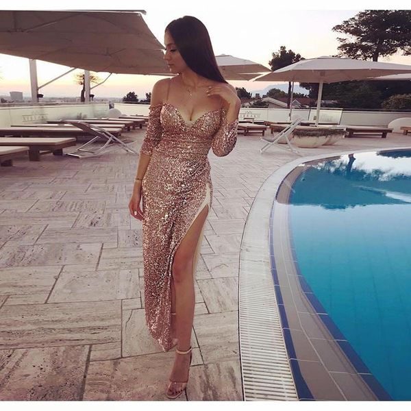 new arrival sparkly sequins rose gold mermaid prom dresses off shoulder high side split long sleeves evening party gowns formal wear, Black
new arrival sparkly sequins rose gold mermaid prom dresses off shoulder high side split long sleeves evening party gowns formal wear, Black
