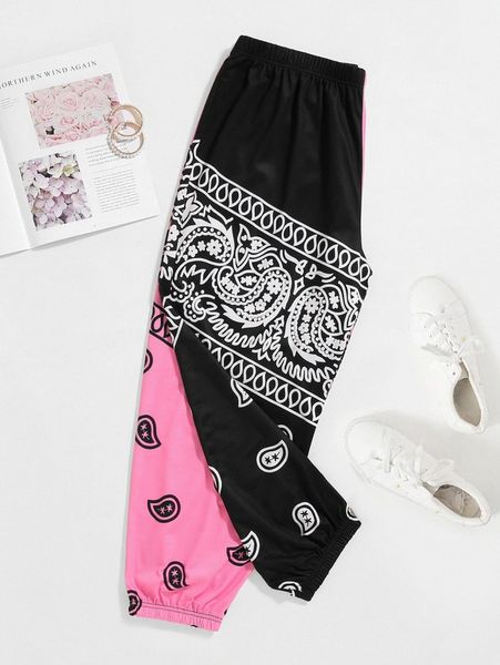 plus paisley print color block sweatpants p0dz#, Black 
plus paisley print color block sweatpants p0dz#, Black