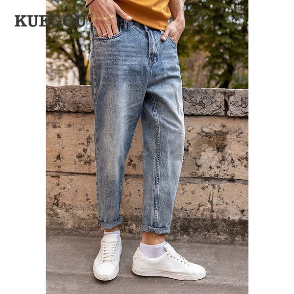 kuegou 100% cotton autumn spring loose tapered jeans loose ankle-length men harem pants blue fashion trousers plus size kk-2903 q0105, Black;white
kuegou 100% cotton autumn spring loose tapered jeans loose ankle-length men harem pants blue fashion trousers plus size kk-2903 q0105, Black;white