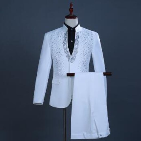 white embroidered diamond suit men wedding groom tuxedo suits mens stand collar prom stage costume mens suits with pants ternos q1216, White;black
white embroidered diamond suit men wedding groom tuxedo suits mens stand collar prom stage costume mens suits with pants ternos q1216, White;black