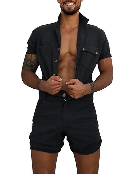 men's jumpsuit summer short sleeve rompers solid color single breasted romper pocket short pants, Gray
men's jumpsuit summer short sleeve rompers solid color single breasted romper pocket short pants, Gray