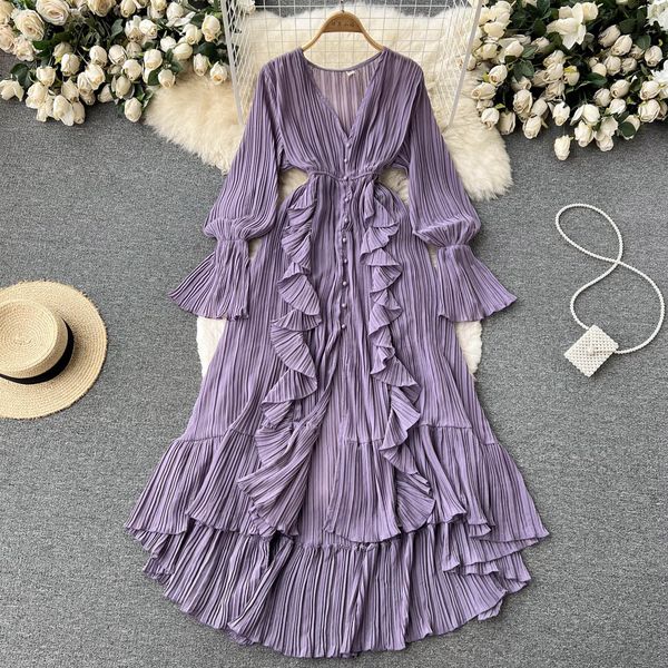 purple/brown/red chiffon pleated long dress women vintage v-neck flare sleeve draped ruffle vestido female maxi robe spring fall 2022, Black;gray
purple/brown/red chiffon pleated long dress women vintage v-neck flare sleeve draped ruffle vestido female maxi robe spring fall 2022, Black;gray