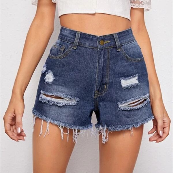 women's wear holed denim shorts with high waisted burr, White;black
women's wear holed denim shorts with high waisted burr, White;black