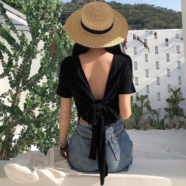 spring summer new style women t shirt solid color short sleeve bow tie women tees backless t shirt, White
spring summer new style women t shirt solid color short sleeve bow tie women tees backless t shirt, White