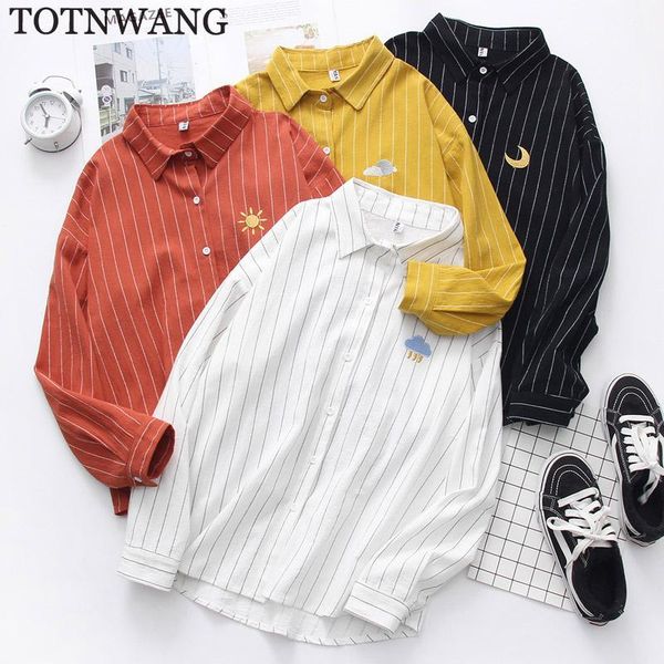 women's blouses & shirts totnwang 2021 women fashion striped blouse moon embroidery korean ladies blusas casual long sleeve cotton line, White
women's blouses & shirts totnwang 2021 women fashion striped blouse moon embroidery korean ladies blusas casual long sleeve cotton line, White