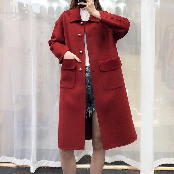 women's wool & blends qiu dong double cashmere coat female in long loose show thin cloth lapels over-the-knee woolen 100, Black