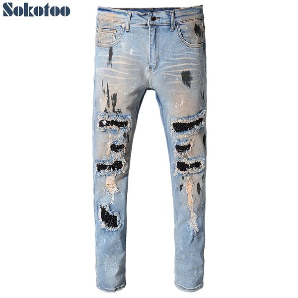 sokotoo men's vintage holes rivet patch slim skinny ripped jeans casual trendy painted distressed denim beggar pants c1123, Black;white
sokotoo men's vintage holes rivet patch slim skinny ripped jeans casual trendy painted distressed denim beggar pants c1123, Black;white