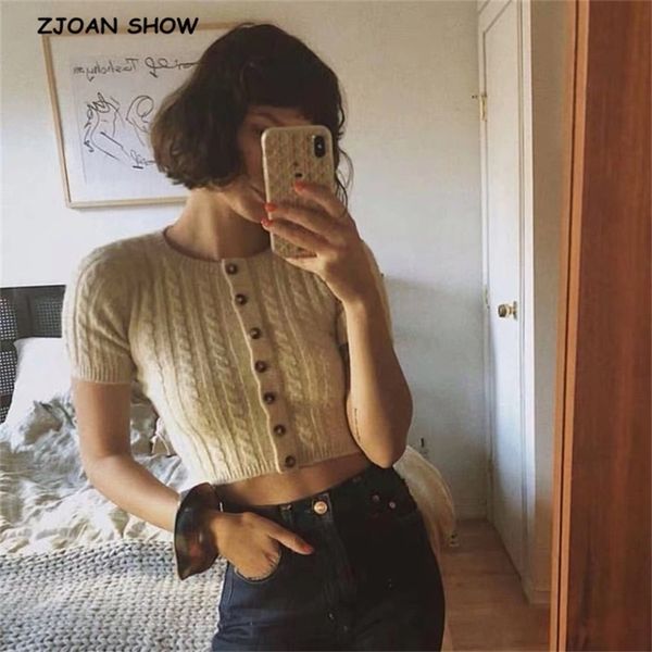 o neck twist striped single-breasted button short sleeve vintage women knitted tight cardigan slim cropped sweater y200915, White;black
o neck twist striped single-breasted button short sleeve vintage women knitted tight cardigan slim cropped sweater y200915, White;black