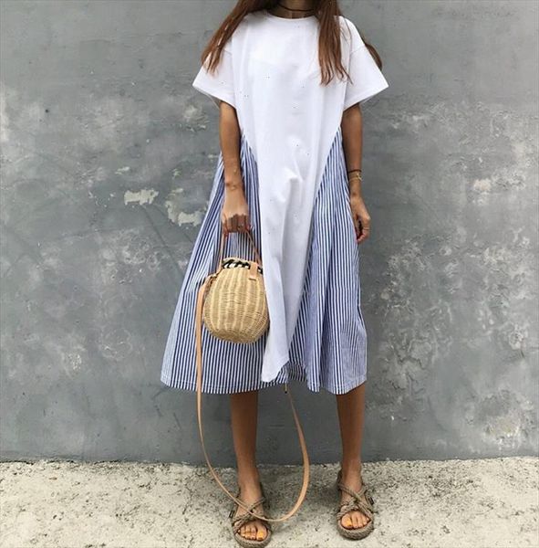 2021 summer cotton casual dress new korean stitched striped loose short sleeved dress patchwork a line o neck dress, Black;gray
2021 summer cotton casual dress new korean stitched striped loose short sleeved dress patchwork a line o neck dress, Black;gray