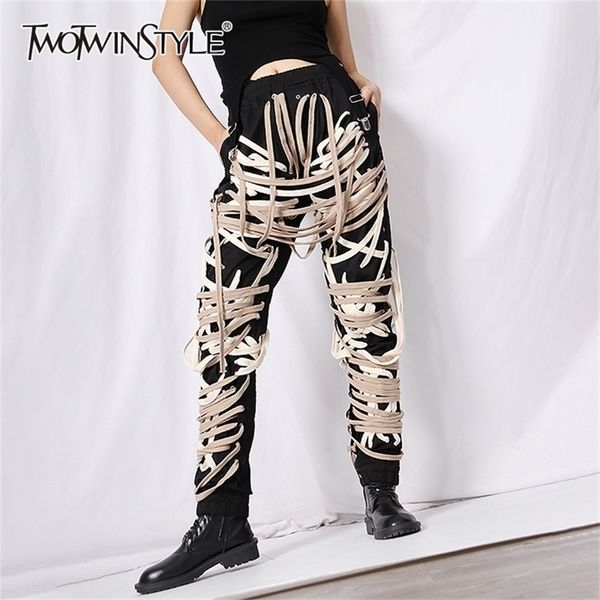 twotwinstyle cross bandage pants for women high waist full length plus size casual black trousers female autumn new style 201118, Black;white
twotwinstyle cross bandage pants for women high waist full length plus size casual black trousers female autumn new style 201118, Black;white