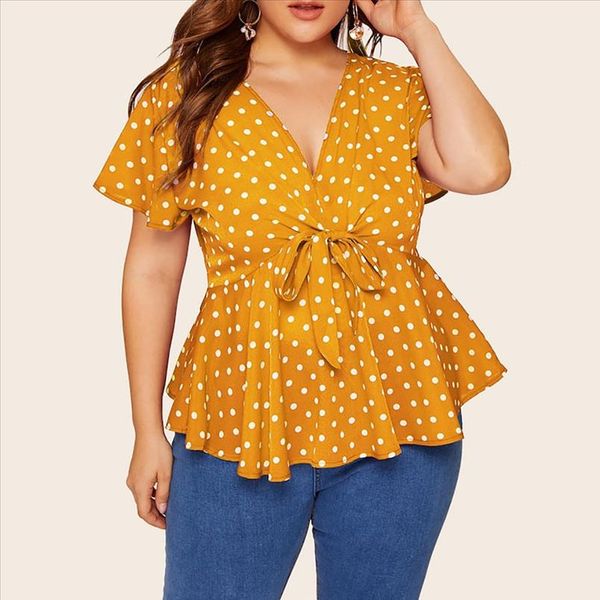 38 womens large size v neck short sleeve shirt polka dot knot front womens and summer blouse roupas feminina, White
38 womens large size v neck short sleeve shirt polka dot knot front womens and summer blouse roupas feminina, White