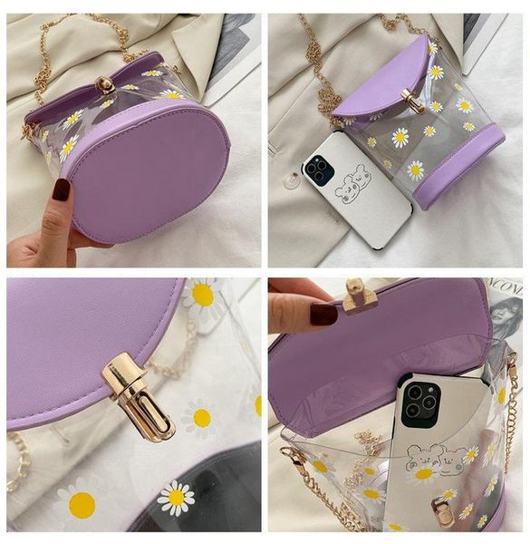 2020 совершенно новые женщины дейзи распечатать сумка crossbody женская летняя сеть ремешок блокировка улов прозрачная сумка мода ведро сумк