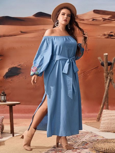 plus flower embroidered lantern sleeve off shoulder slit hem belted dress r9ue#, Black
plus flower embroidered lantern sleeve off shoulder slit hem belted dress r9ue#, Black