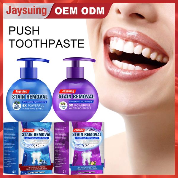 freight jaysuing oem odm fruit press toothpaste has a fresh breath, strengthens teeth, removes stains and yellowing
freight jaysuing oem odm fruit press toothpaste has a fresh breath, strengthens teeth, removes stains and yellowing