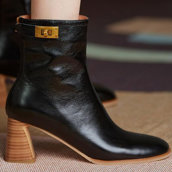 women's genuine leather thick high heel autumn ankle boots round toe back zip warm plush short booties metal buckle elegant shoe, Black
women's genuine leather thick high heel autumn ankle boots round toe back zip warm plush short booties metal buckle elegant shoe, Black