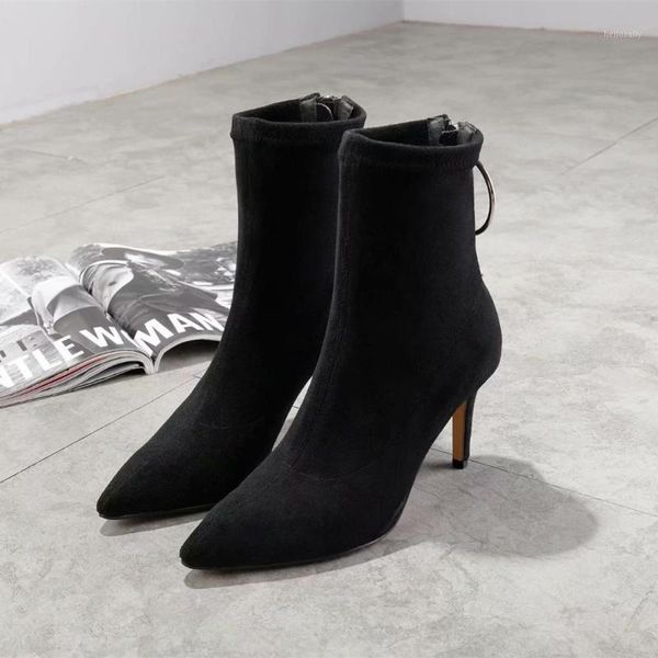 women ankle boots suede genuine leather metal decor pointed toe female shoe boot high heel solid color1, Black
women ankle boots suede genuine leather metal decor pointed toe female shoe boot high heel solid color1, Black