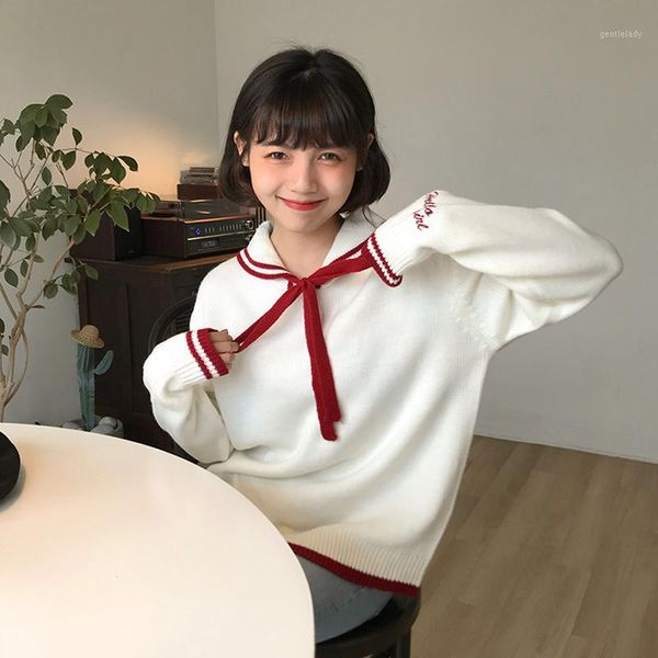 women's sweaters japanese bow lace-up sweater women sweet preppy style striped letter embroidery chic jumper student spring autumn loos, White;black
women's sweaters japanese bow lace-up sweater women sweet preppy style striped letter embroidery chic jumper student spring autumn loos, White;black