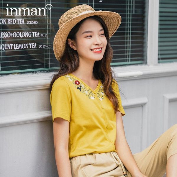 inamn 2020 summer new arrival v neck collar artsy style embroidery women single breasted button cotton t-shirt, White
inamn 2020 summer new arrival v neck collar artsy style embroidery women single breasted button cotton t-shirt, White