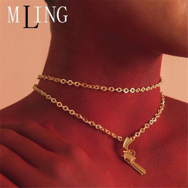 wholesalemling gold double layer choker necklace gothic pistol pendant necklace for women, Silver
wholesalemling gold double layer choker necklace gothic pistol pendant necklace for women, Silver
