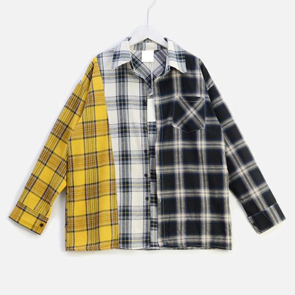 women shirts patchwork plaid hit color turn down collar long sleeve lady shirts 2021 spring summer female casual streetwear top, White 
women shirts patchwork plaid hit color turn down collar long sleeve lady shirts 2021 spring summer female casual streetwear top, White
