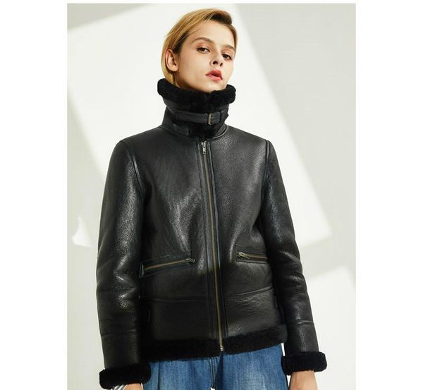 women's leather & faux fur one genuine jacket women shearling coat sheepskin flight short winter, Black
women's leather & faux fur one genuine jacket women shearling coat sheepskin flight short winter, Black