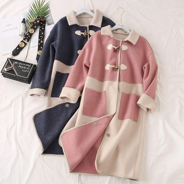 fashion hit colors patchwork horn buckle women woolen coat new large size autumn winter long ladies loose blends outwear f22551, Black
fashion hit colors patchwork horn buckle women woolen coat new large size autumn winter long ladies loose blends outwear f22551, Black