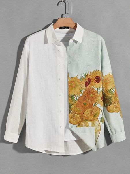 men sunflower print color block shirt without tee c7wh#, White;black 
men sunflower print color block shirt without tee c7wh#, White;black