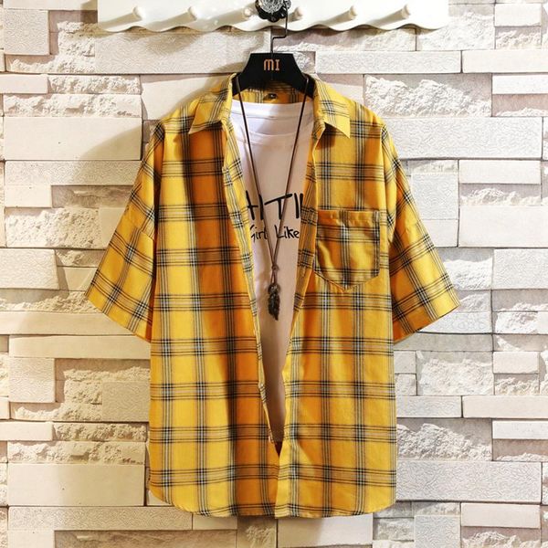 men's casual shirts summer plaid men shirt loose button yellow short sleeve vintage korean student mens clothing oversized mm60ncs, White;black
men's casual shirts summer plaid men shirt loose button yellow short sleeve vintage korean student mens clothing oversized mm60ncs, White;black