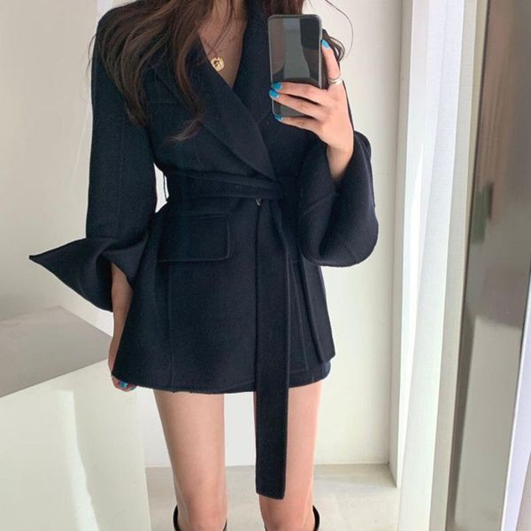 women's wool & blends korean style mid-length strappy waist and thin woolen coat, Black
women's wool & blends korean style mid-length strappy waist and thin woolen coat, Black
