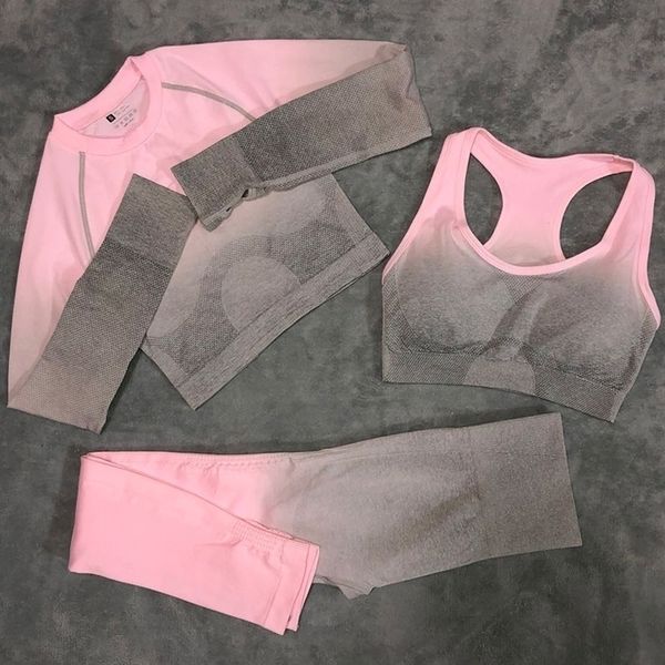 3 piece women's seamless yoga set high waist leggings+sports bra+long sleeve crop women gym clothing fitness sports y200904, Gray
3 piece women's seamless yoga set high waist leggings+sports bra+long sleeve crop women gym clothing fitness sports y200904, Gray