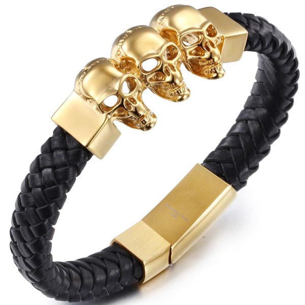 tennis men's vintage punk stainless steel triple skull bracelet braided genuine leather cuff bracelets gifts for him logo name engrave, Golden;silver
tennis men's vintage punk stainless steel triple skull bracelet braided genuine leather cuff bracelets gifts for him logo name engrave, Golden;silver
