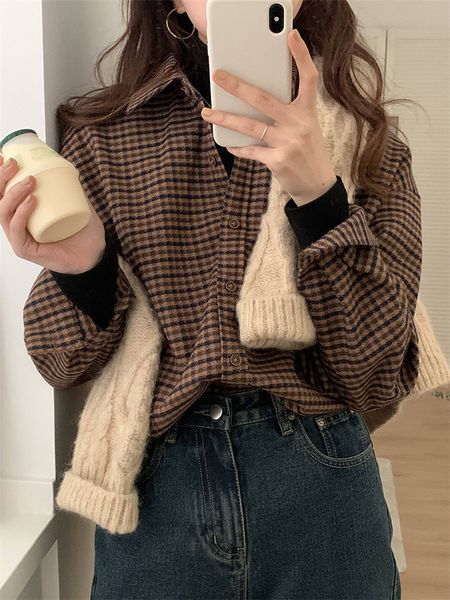 houndstooth design shirt womens retro hong kong style thickened bandage dress 2020 autumn and winter new base shirt coat, White 
houndstooth design shirt womens retro hong kong style thickened bandage dress 2020 autumn and winter new base shirt coat, White