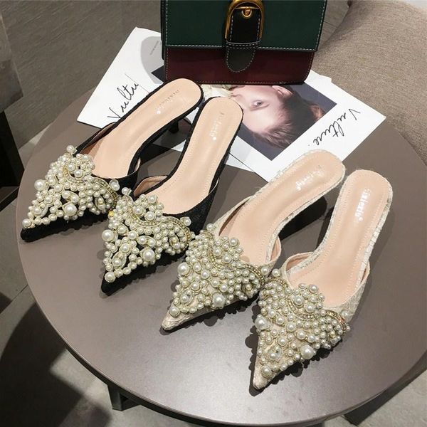 slippers women designer heels slipper slides ladies dress mules for 2021 low heel pointed toe pearl female, Black
slippers women designer heels slipper slides ladies dress mules for 2021 low heel pointed toe pearl female, Black