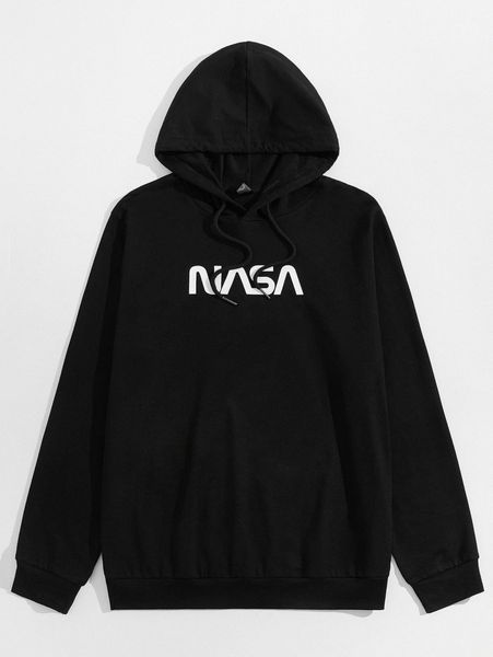 men letter graphic drawstring hoodie i898#, Black