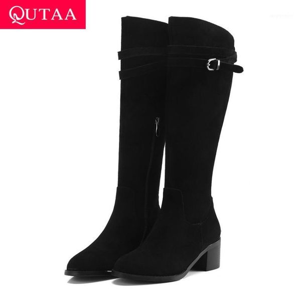 qutaa 2020 side zipper square heel knee high boots fashion scrub cow leather short plush warm fur buckle long boots size 34-401, Black 
qutaa 2020 side zipper square heel knee high boots fashion scrub cow leather short plush warm fur buckle long boots size 34-401, Black