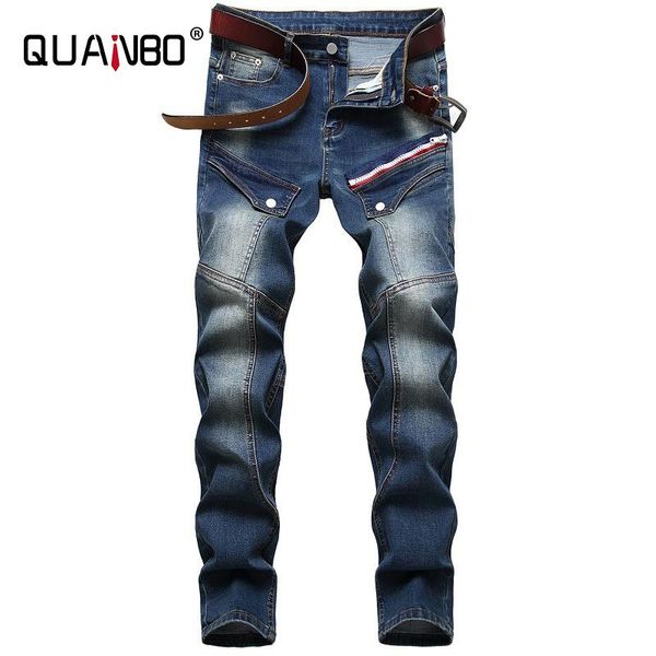 

quanbo men's ripped slim straight fit moto biker jeans with zipper deco fashion streetwear denim pants brand clothing plus size, Blue