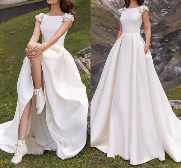 simple designed 2021 garden satin wedding dresses a line jewel neck cap sleeve 3d flora floor length bridal gowns with pocket, White
simple designed 2021 garden satin wedding dresses a line jewel neck cap sleeve 3d flora floor length bridal gowns with pocket, White