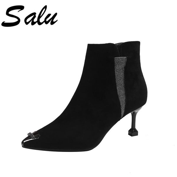 salu flock leather ankle boots for women high heel boots pointed toe winter fashion shoes woman botas mujer botte femme, Black
salu flock leather ankle boots for women high heel boots pointed toe winter fashion shoes woman botas mujer botte femme, Black