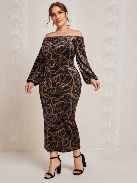 plus allover print off shoulder bodycon velvet dress f7vt#, Black