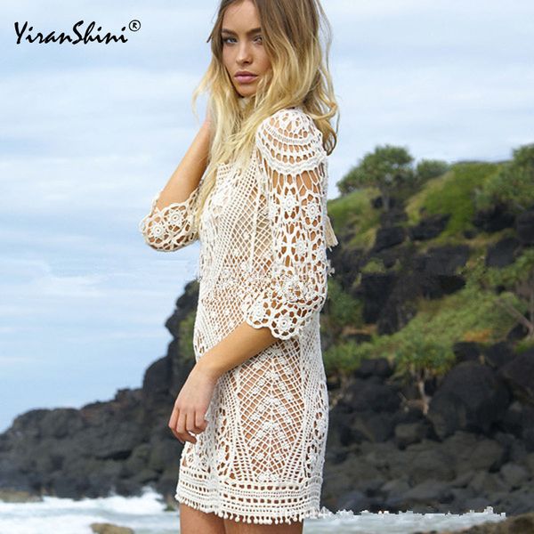 women swimwear beach dress summer swimsuit lace hollow crochet beach bikini cover up white beach tunic shirt y200708, Black;gray
women swimwear beach dress summer swimsuit lace hollow crochet beach bikini cover up white beach tunic shirt y200708, Black;gray