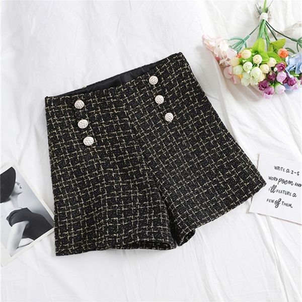 2021 new xiaoxiangfeng high waist wide leg women new double-breasted woolen shorts student casual pants lsro, Black;white