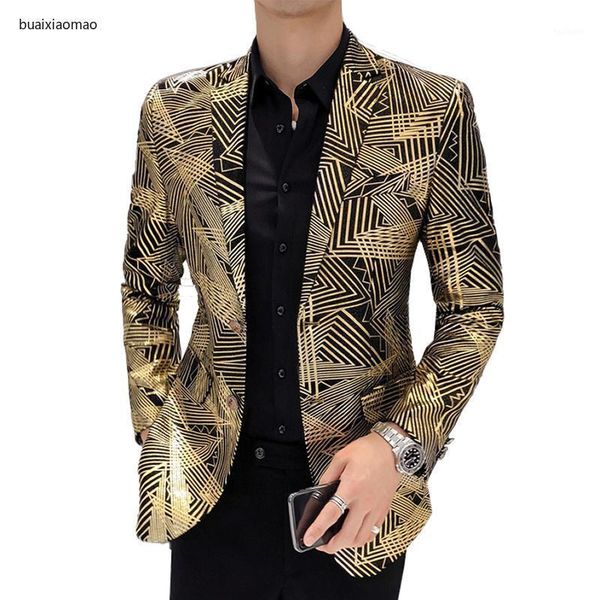luxury gold stripes print blazer coat slim fit men blazer jacket hombre plus size 5xl stage cloth for dj singer chaqueta hombre1, White;black 
luxury gold stripes print blazer coat slim fit men blazer jacket hombre plus size 5xl stage cloth for dj singer chaqueta hombre1, White;black