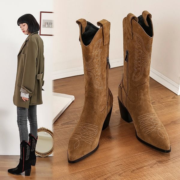 retro western cowboy boots for women pointed toe women's shoes brand embossing suede leather shoes mid-calf chunky wedges boot c1120, Black
retro western cowboy boots for women pointed toe women's shoes brand embossing suede leather shoes mid-calf chunky wedges boot c1120, Black