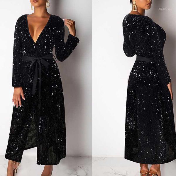 deep v neck sequin dress black shinning evening party women dress long sleeve long with belt robe longue femme ete1, Black;gray
deep v neck sequin dress black shinning evening party women dress long sleeve long with belt robe longue femme ete1, Black;gray