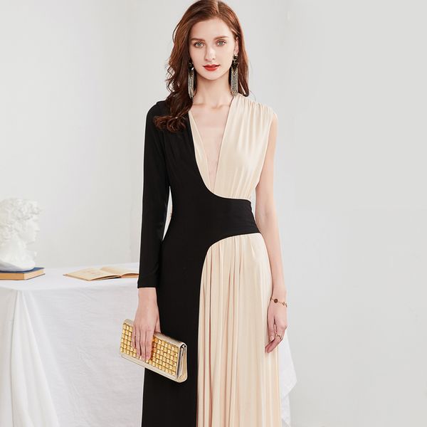 women's runway designer dresses v neck one shoulder patchwork elegant long party prom vestido fashion dresses, Black
women's runway designer dresses v neck one shoulder patchwork elegant long party prom vestido fashion dresses, Black