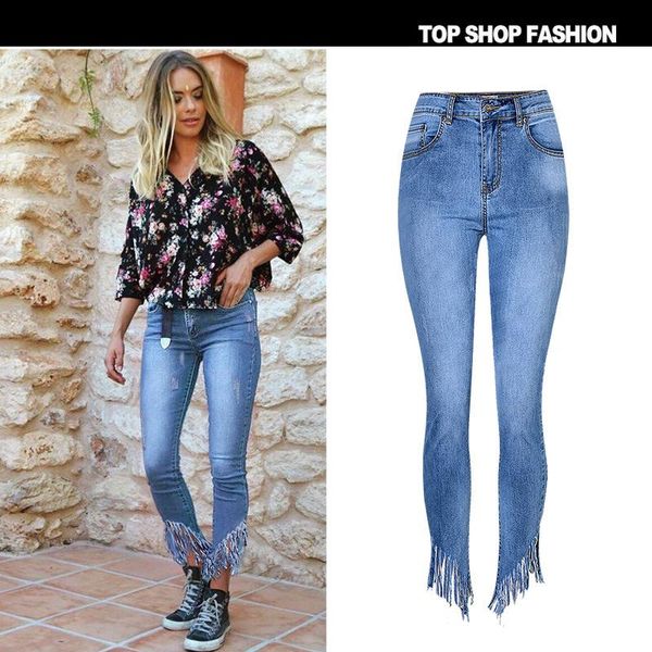 new women's stretch washed denim high waist cultivate morality nine points bottom tassel irregular length worn out, Blue
new women's stretch washed denim high waist cultivate morality nine points bottom tassel irregular length worn out, Blue